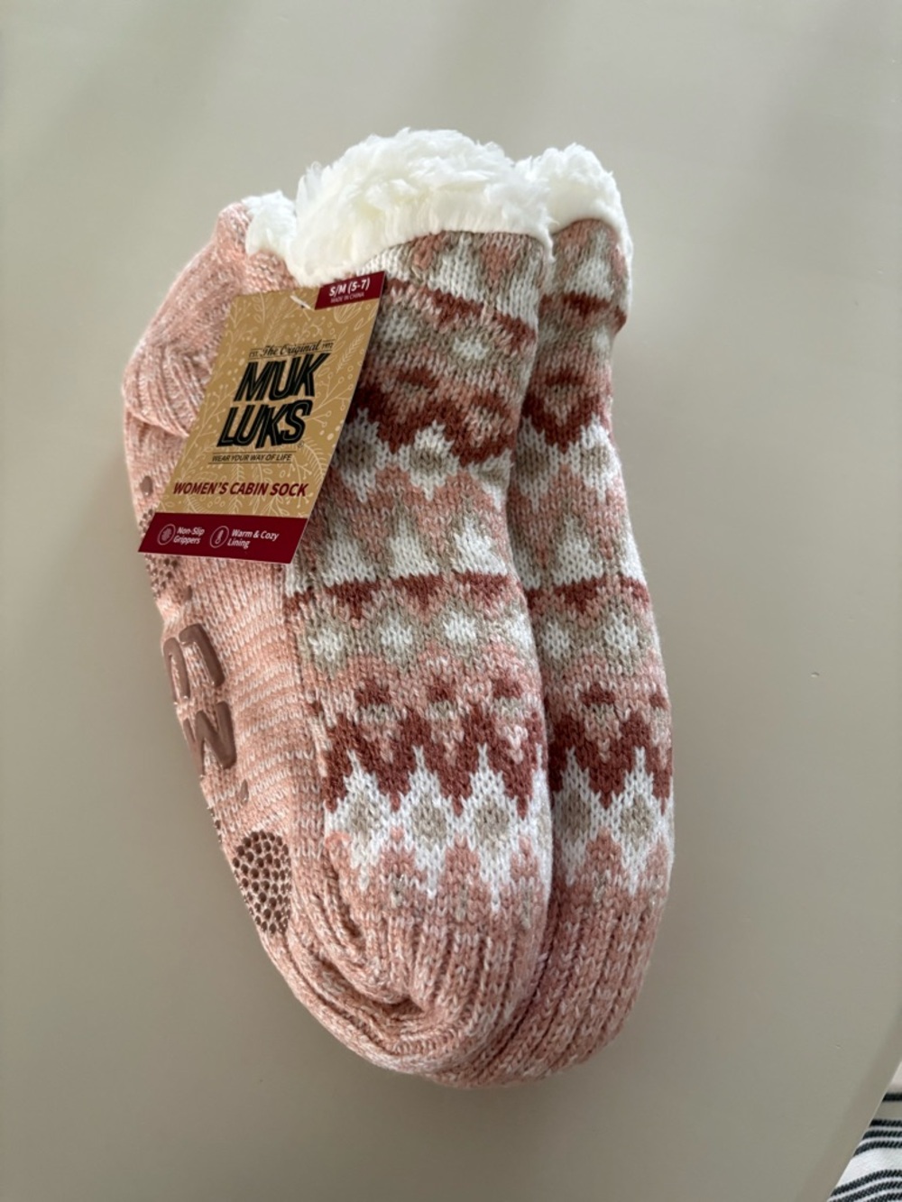 Muk Luks Pink, White & Brown Patterned Plush-Lined Cabin Socks